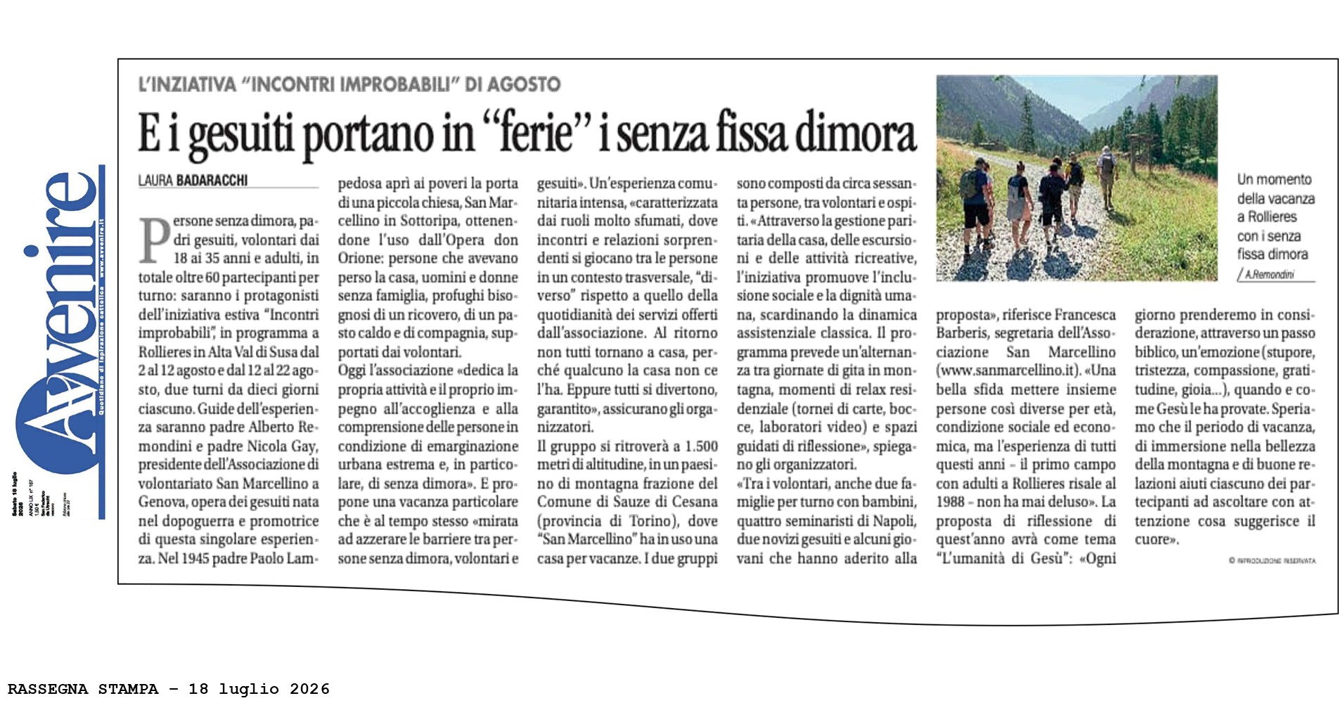 Articolo di Avvenire su Rollieres del 18.07.2026